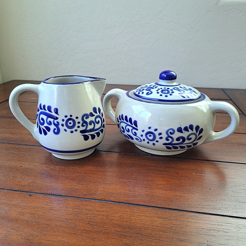 Mexican Salt Glaze Pottery Blue Puebla Talavera Stoneware Cream Sugar Bowl Set